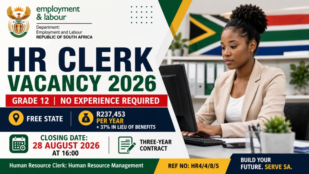 Department of Labour HR Clerk Vacancy 2026 for Grade 12 applicants with no experience required